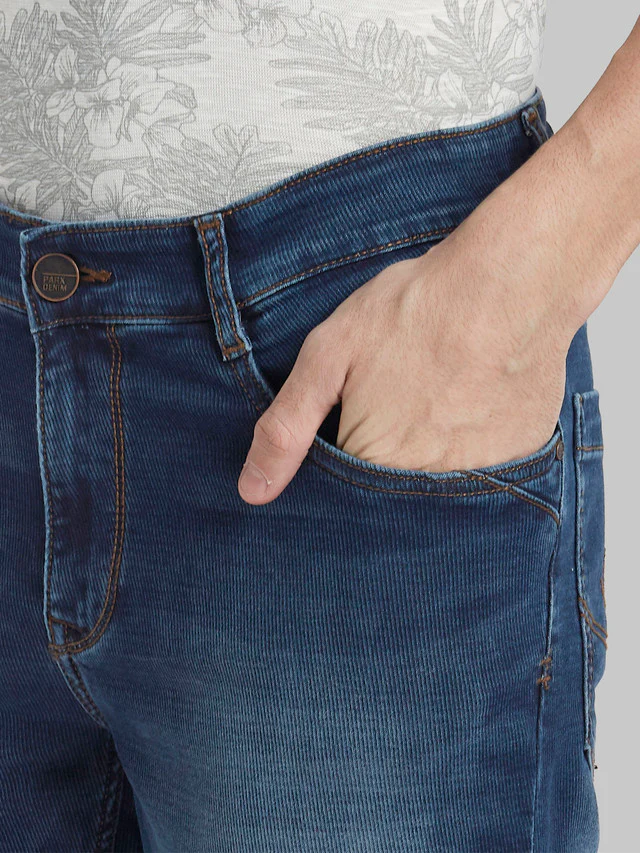 Parx Blue Dobby Slim Tapered Fit Cotton Blend Jeans - Image 6