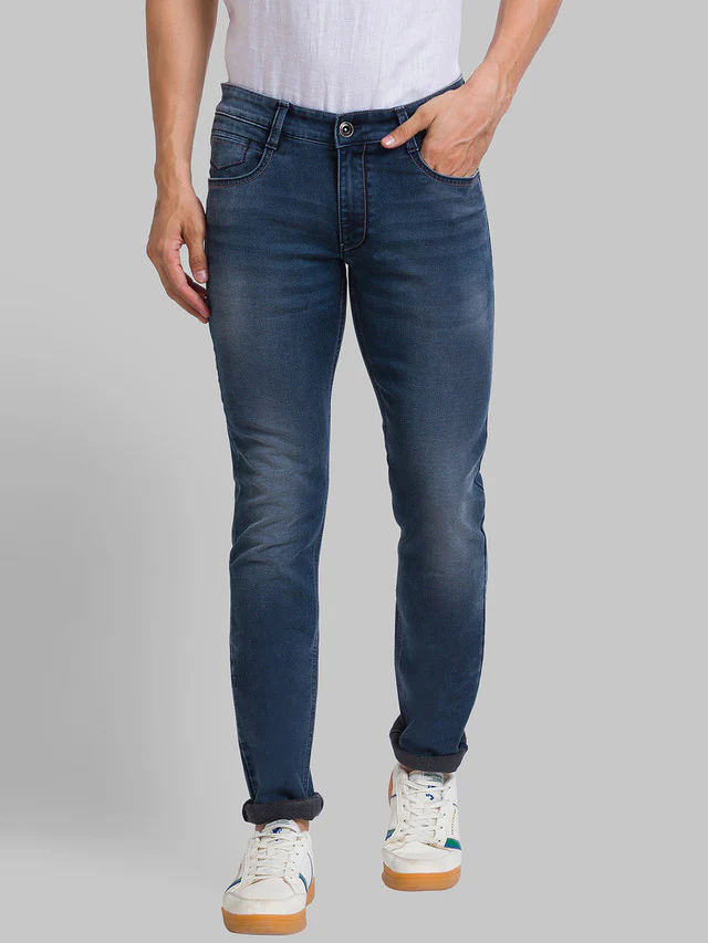 Parx Blue Jacquard Slim Tapered Fit Cotton Blend Jeans