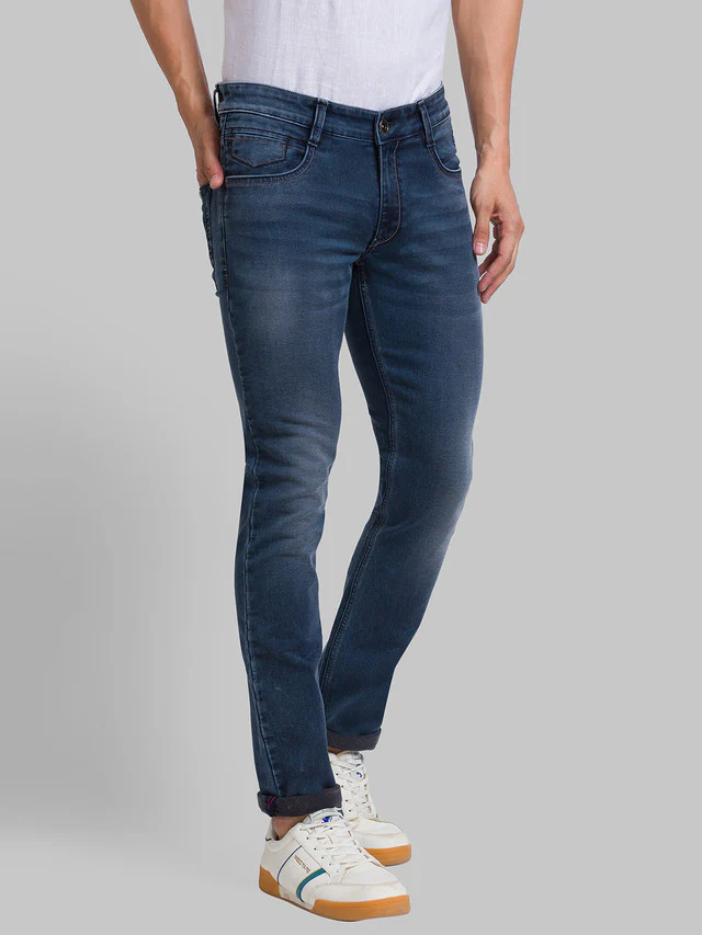 Parx Blue Jacquard Slim Tapered Fit Cotton Blend Jeans - Image 2