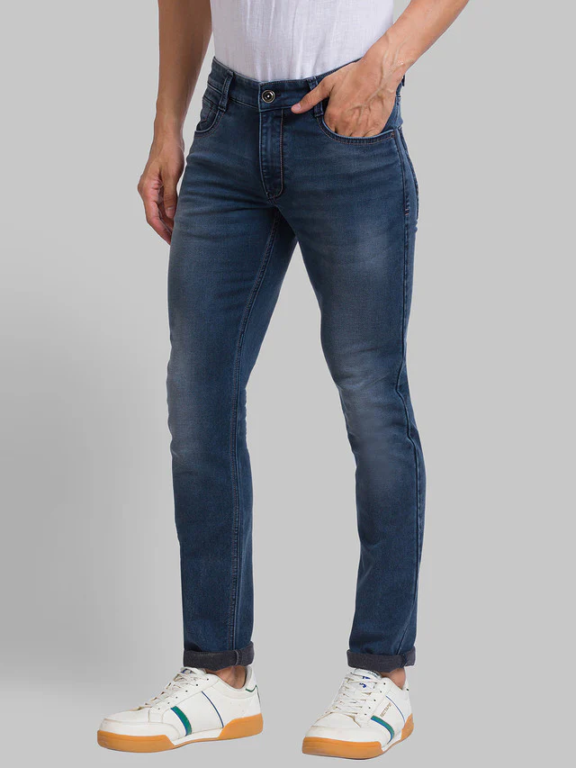 Parx Blue Jacquard Slim Tapered Fit Cotton Blend Jeans - Image 3