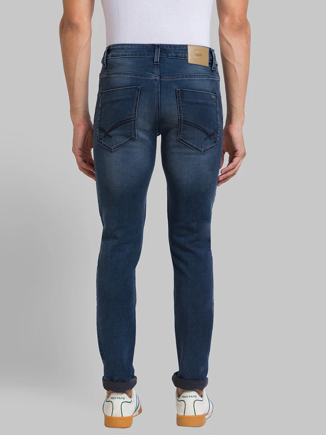 Parx Blue Jacquard Slim Tapered Fit Cotton Blend Jeans - Image 4