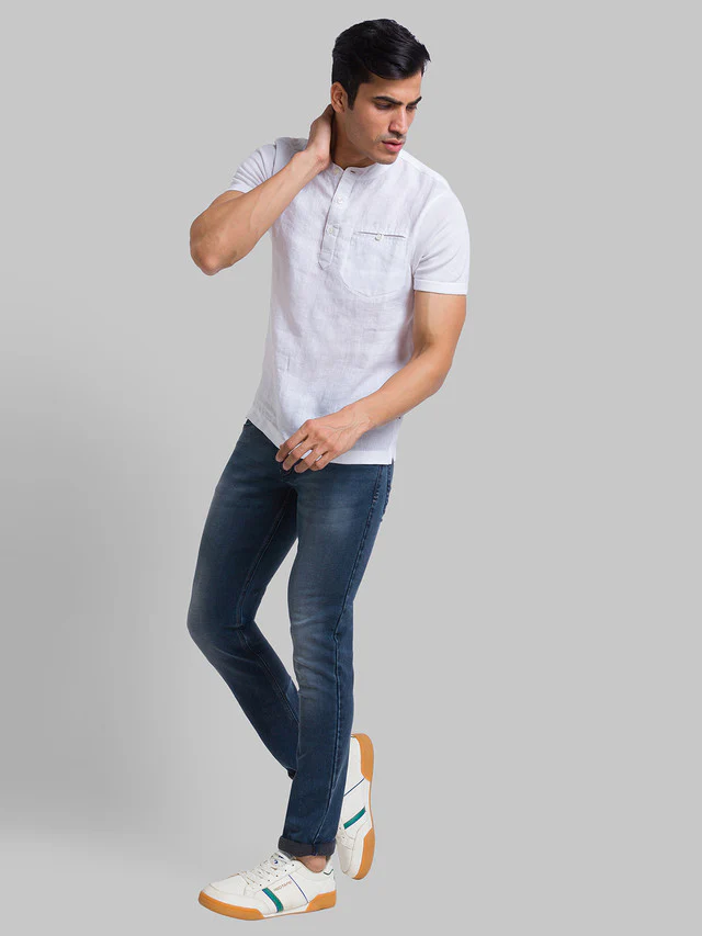 Parx Blue Jacquard Slim Tapered Fit Cotton Blend Jeans - Image 5