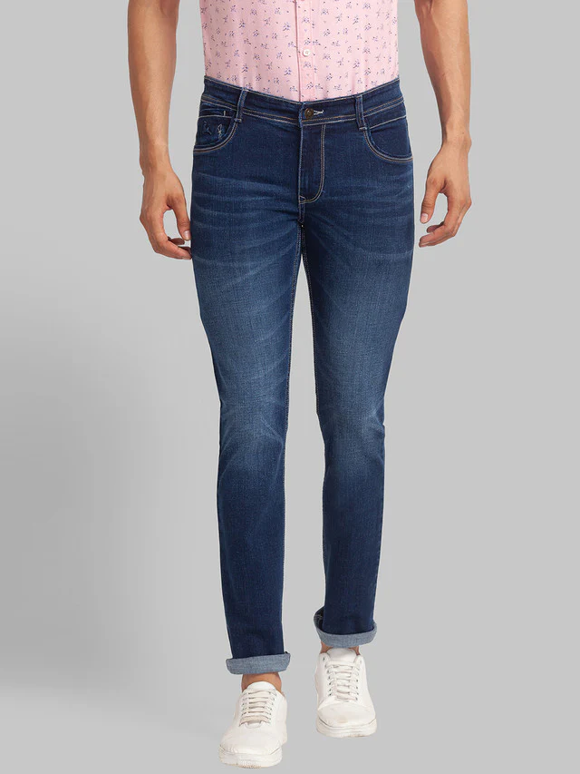 Parx Blue Jacquard Slim Tapered Fit Cotton Blend Jeans