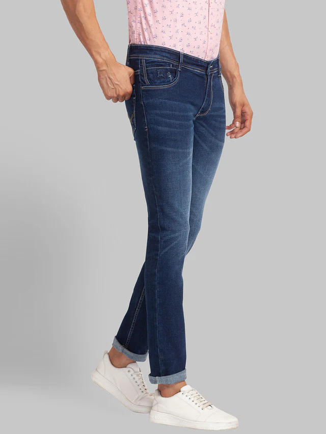 Parx Blue Jacquard Slim Tapered Fit Cotton Blend Jeans - Image 2