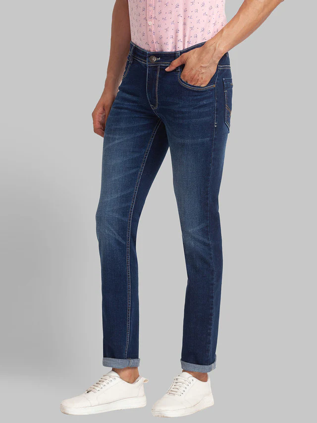 Parx Blue Jacquard Slim Tapered Fit Cotton Blend Jeans - Image 3