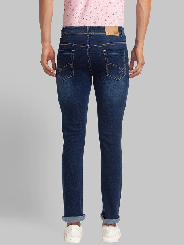 Parx Blue Jacquard Slim Tapered Fit Cotton Blend Jeans - Image 4