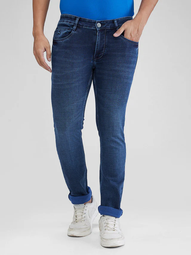 Parx Blue Knitted Low Rise Tapered Fit Cotton Blend Jeans