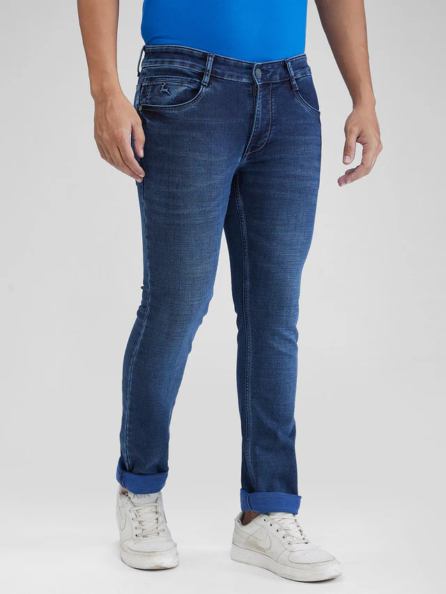 Parx Blue Knitted Low Rise Tapered Fit Cotton Blend Jeans - Image 2