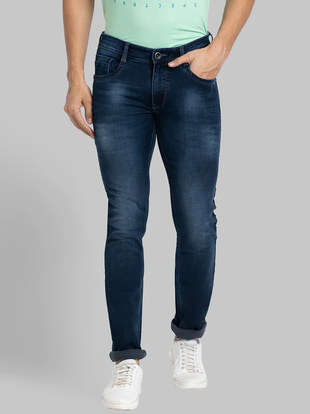 Parx Blue Knitted Low Rise Tapered Fit Cotton Blend Jeans