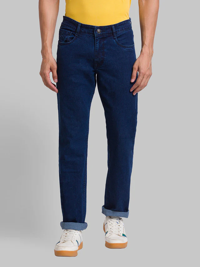 Parx Blue Plain Regular Fit Cotton Blend Jeans
