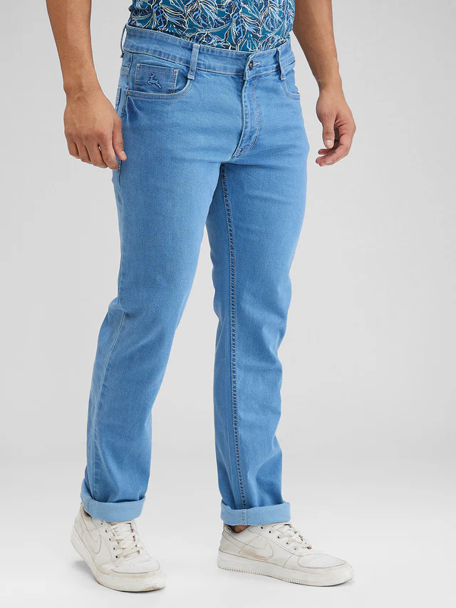 Parx Blue Plain Regular Fit Cotton Blend Jeans - Image 2