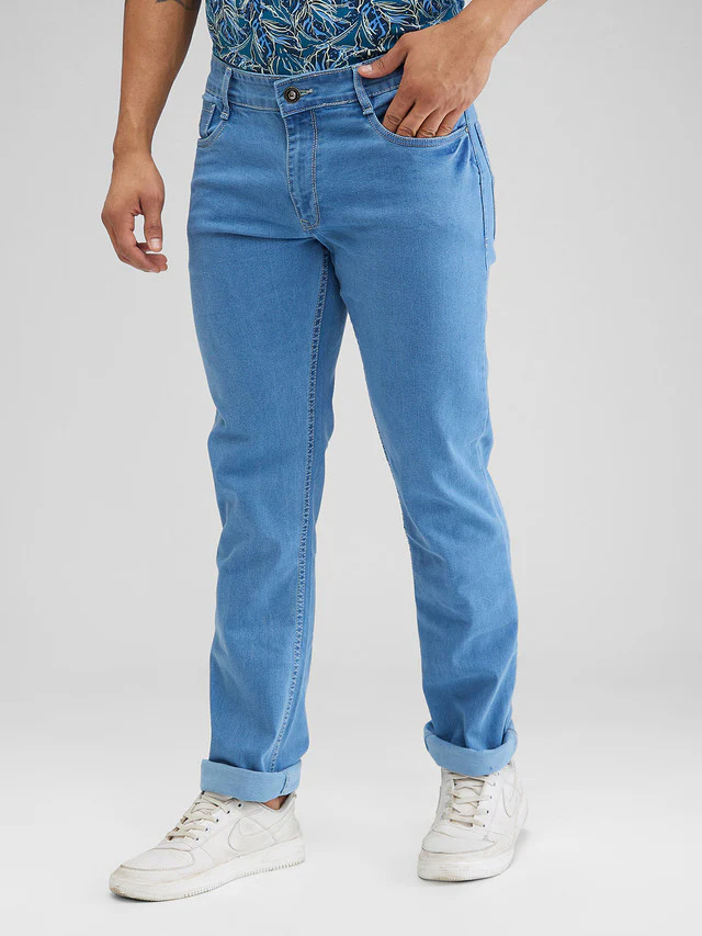 Parx Blue Plain Regular Fit Cotton Blend Jeans - Image 3