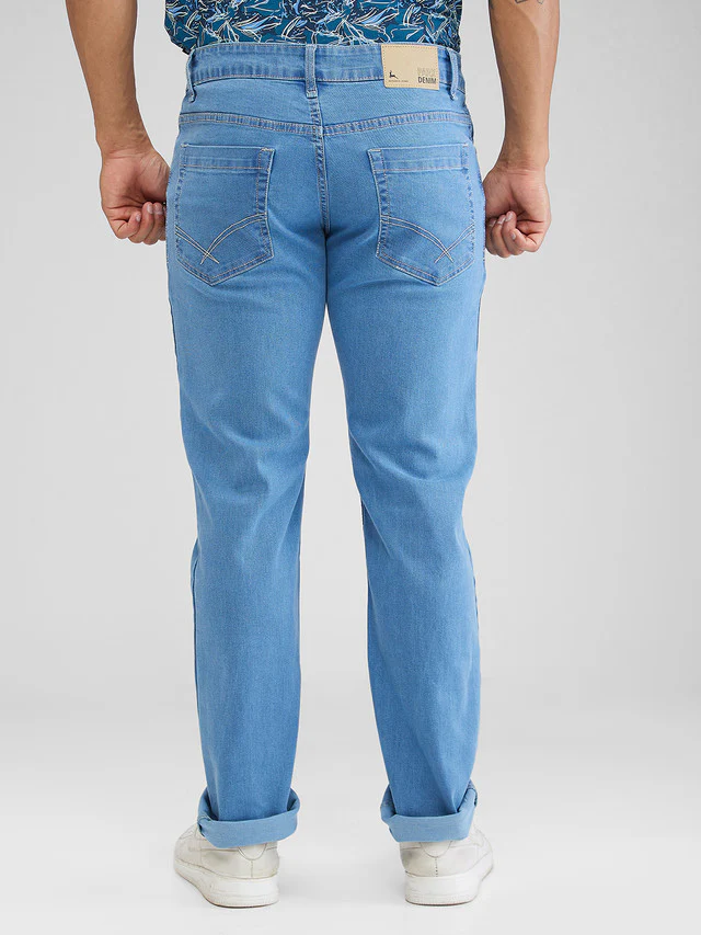 Parx Blue Plain Regular Fit Cotton Blend Jeans - Image 4