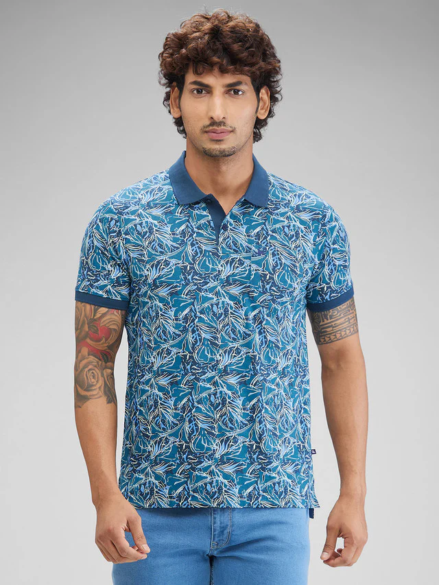 Parx Blue Printed Regular Fit Cotton T-Shirt