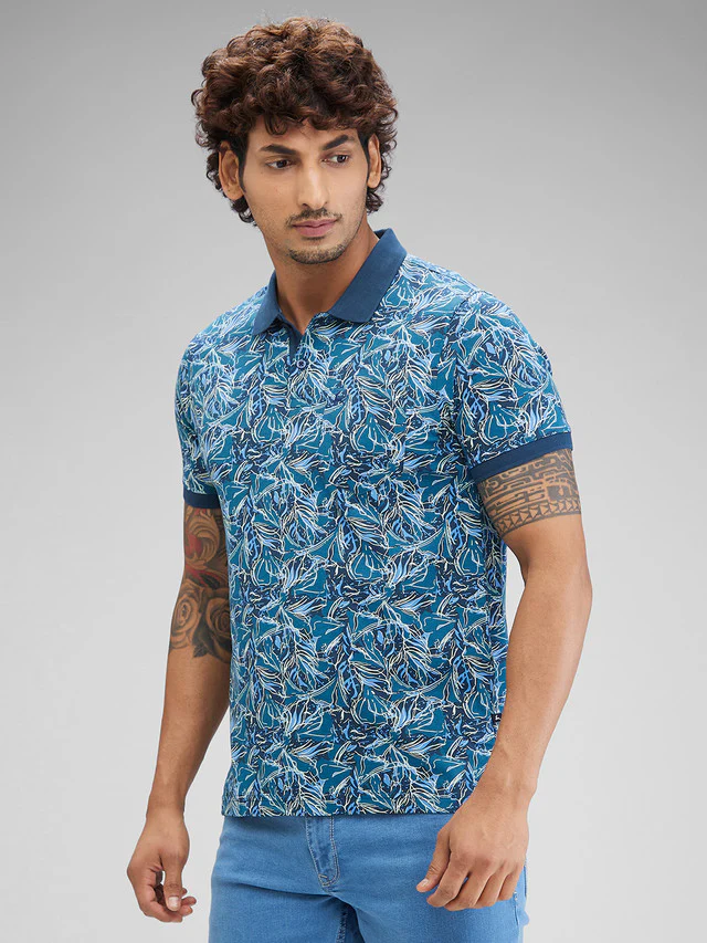 Parx Blue Printed Regular Fit Cotton T-Shirt - Image 3