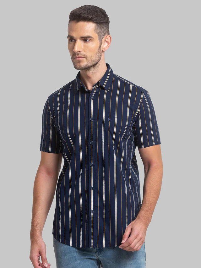 Parx Blue Printed Slim Fit Cotton Casual Shirt