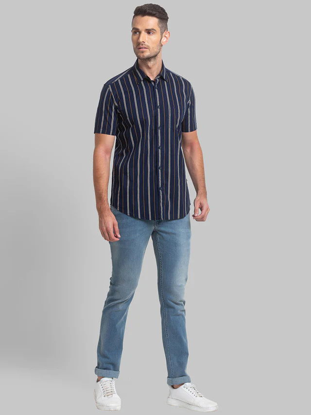 Parx Blue Printed Slim Fit Cotton Casual Shirt - Image 5