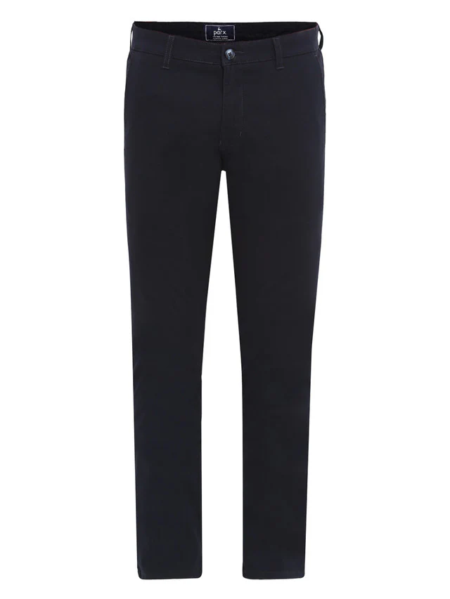 Parx Blue Solid Low Rise Tapered Fit Cotton Blend Trouser