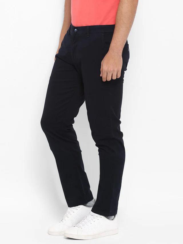 Parx Blue Solid Low Rise Tapered Fit Cotton Blend Trouser - Image 4