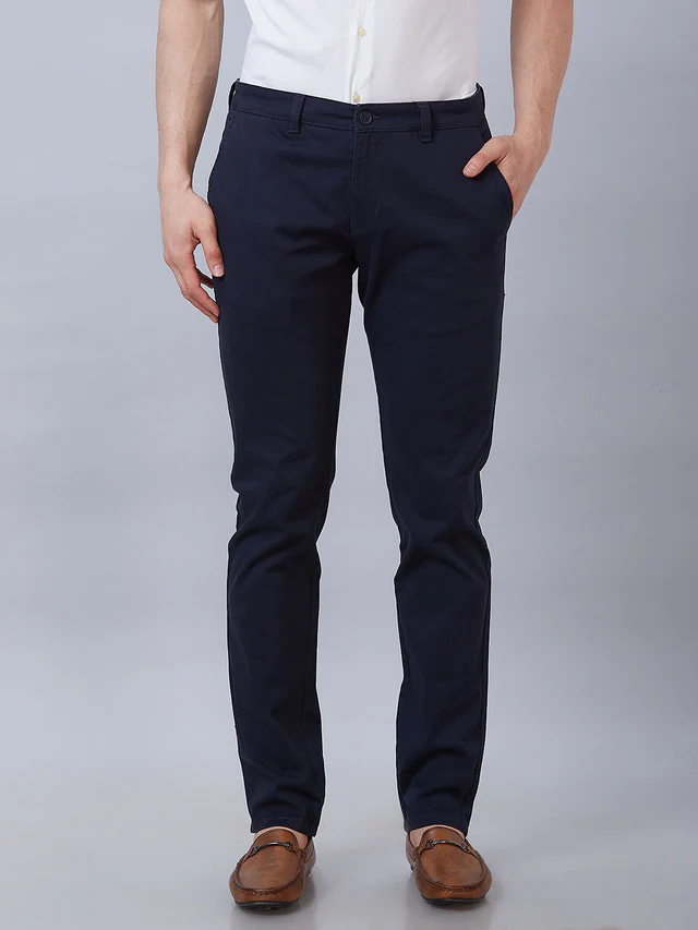 Parx Blue Solid Low Rise Tapered Fit Cotton Blend Trouser