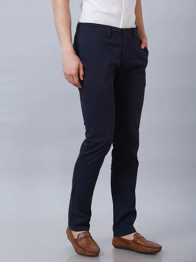 Parx Blue Solid Low Rise Tapered Fit Cotton Blend Trouser - Image 2