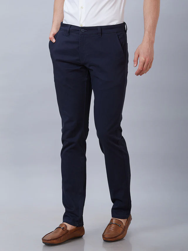 Parx Blue Solid Low Rise Tapered Fit Cotton Blend Trouser - Image 3