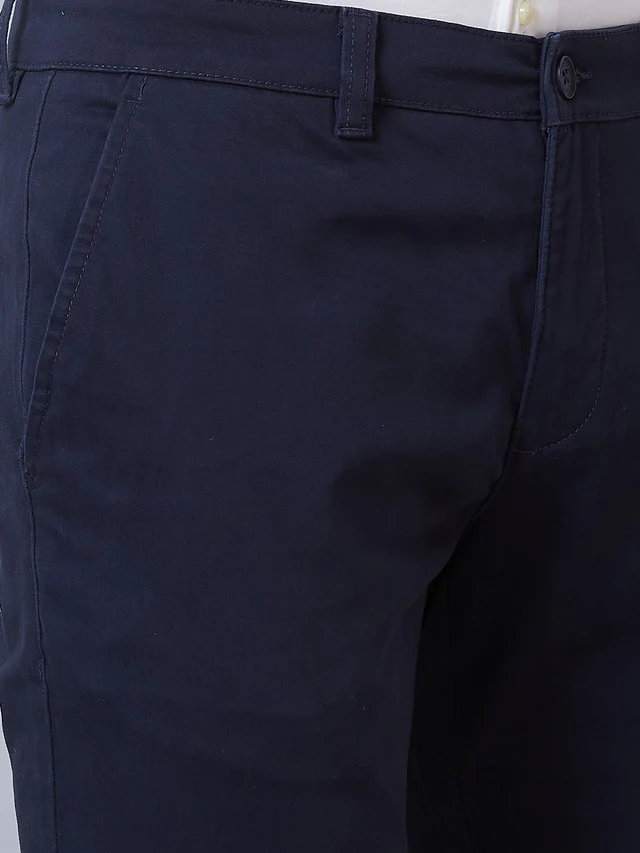 Parx Blue Solid Low Rise Tapered Fit Cotton Blend Trouser - Image 6