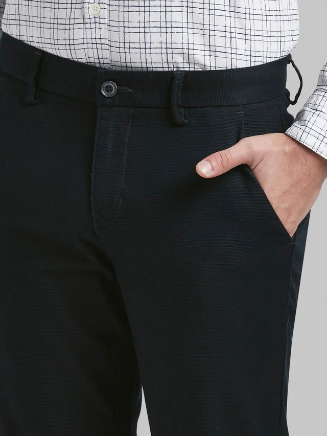Parx Blue Solid Low Rise Tapered Fit Cotton Blend Trouser - Image 6