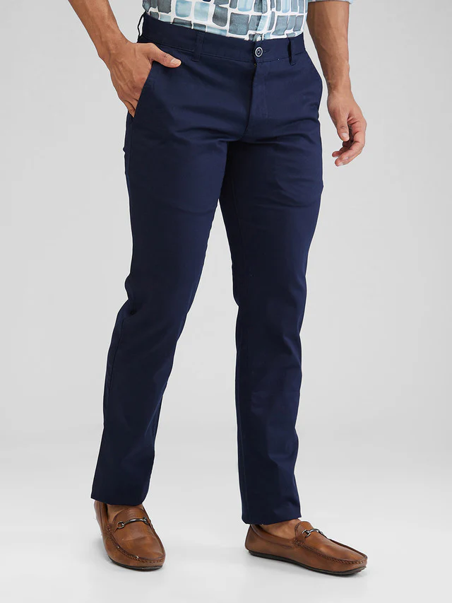 Parx Blue Solid Low Rise Tapered Fit Cotton Blend Trouser - Image 2