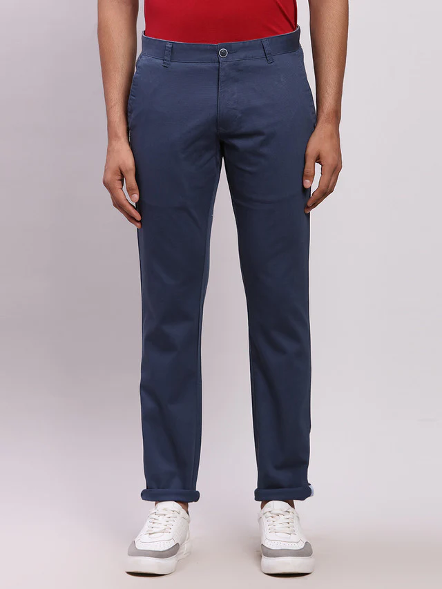 Parx Blue Solid Low Rise Tapered Fit Cotton Blend Trouser