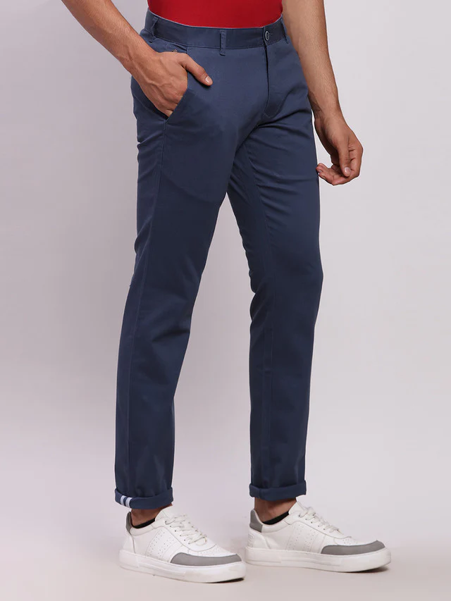 Parx Blue Solid Low Rise Tapered Fit Cotton Blend Trouser - Image 2