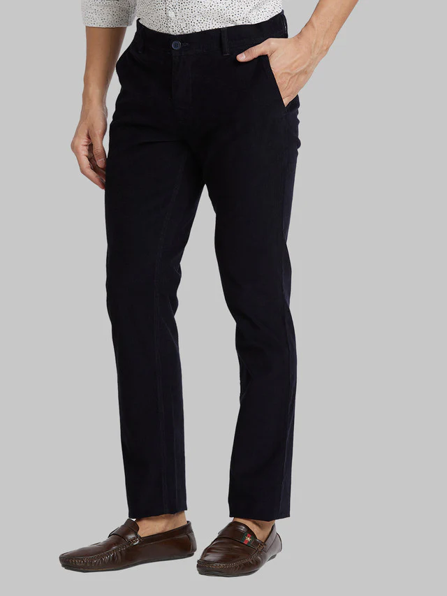 Parx Blue Solid Low Rise Tapered Fit Cotton Blend Trouser - Image 3