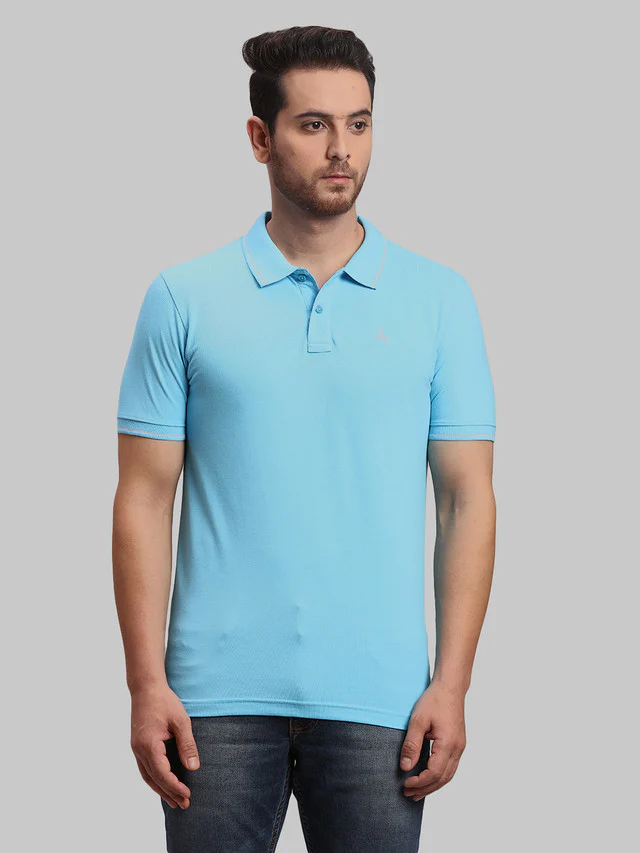 Parx Blue Solid Regular Fit Half Sleeve Cotton Blend T-Shirt