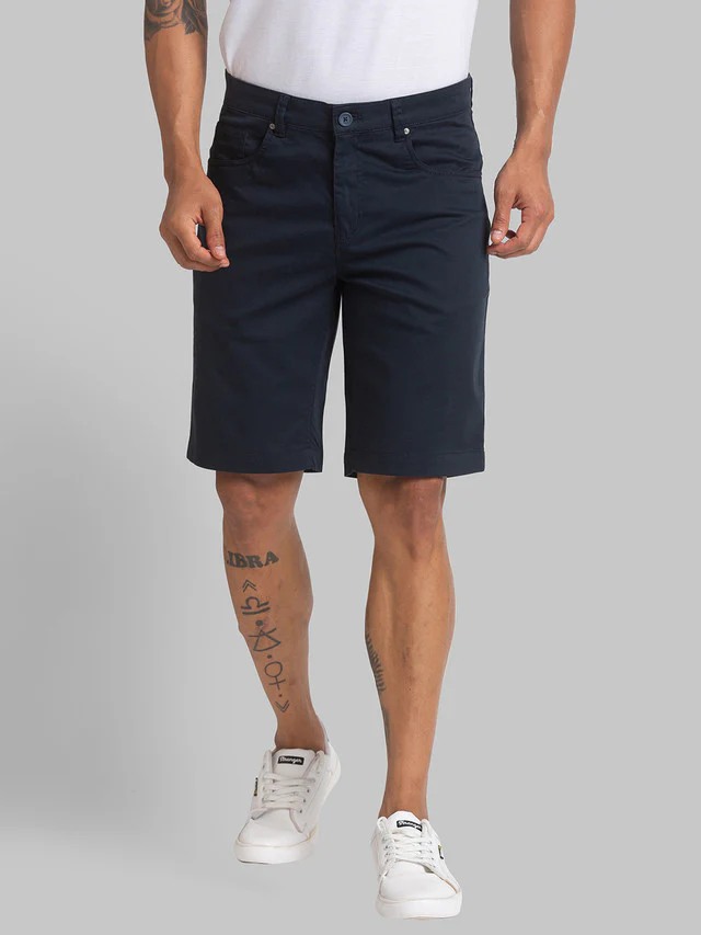 Parx Blue Solid Resort Fit Cotton Blend Shorts