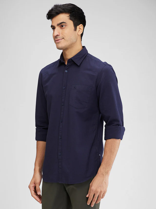 Parx Blue Solid Slim Fit Cotton Casual Shirt - Image 3
