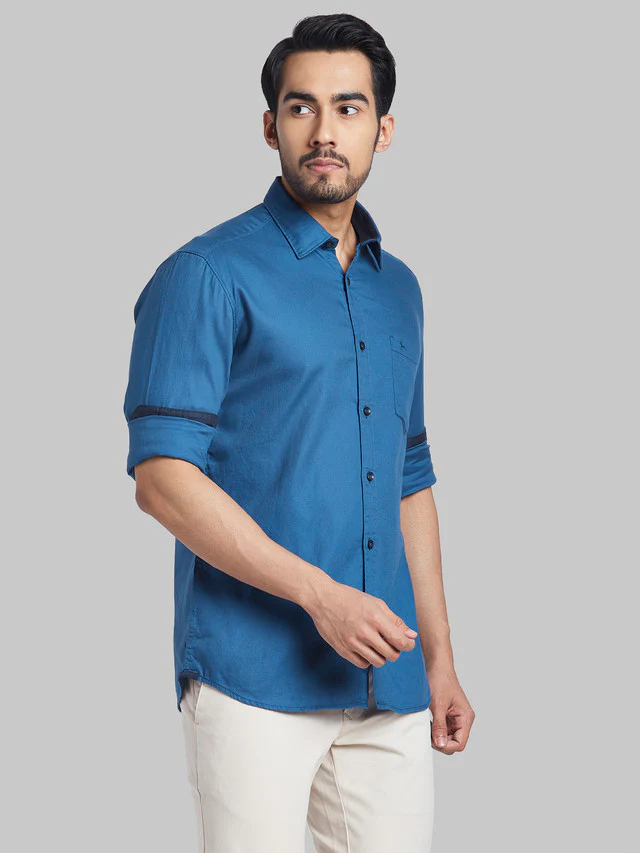 Parx Blue Solid Slim Fit Cotton Casual Shirt - Image 2