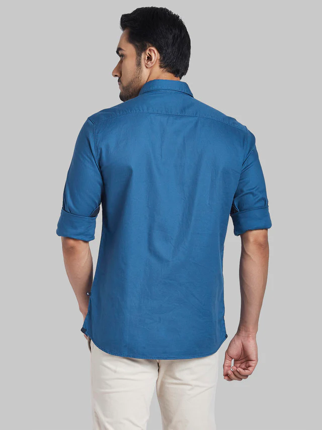 Parx Blue Solid Slim Fit Cotton Casual Shirt - Image 4