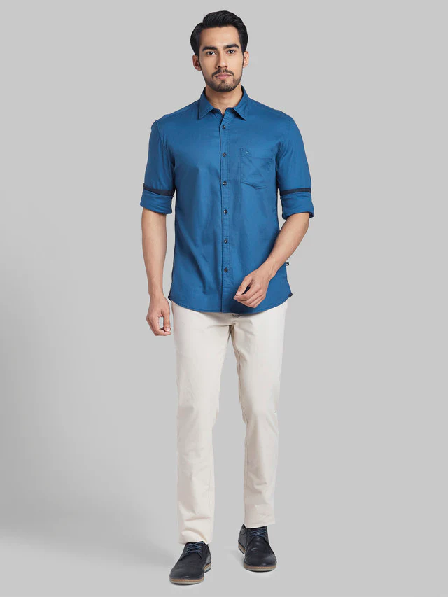 Parx Blue Solid Slim Fit Cotton Casual Shirt - Image 5