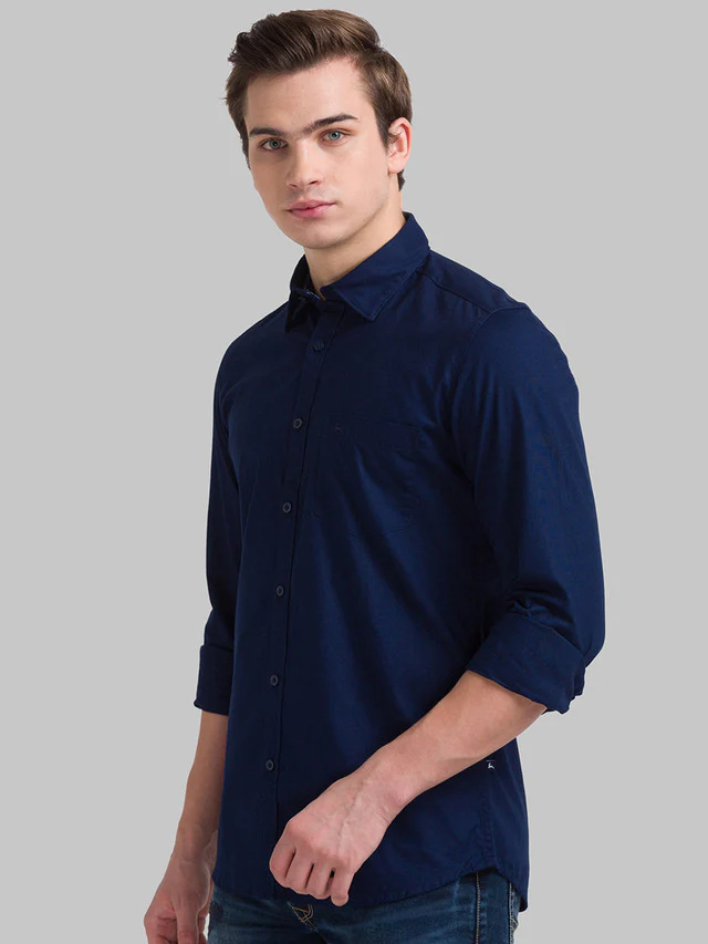 Parx Blue Solid Slim Fit Cotton Casual Shirt - Image 2