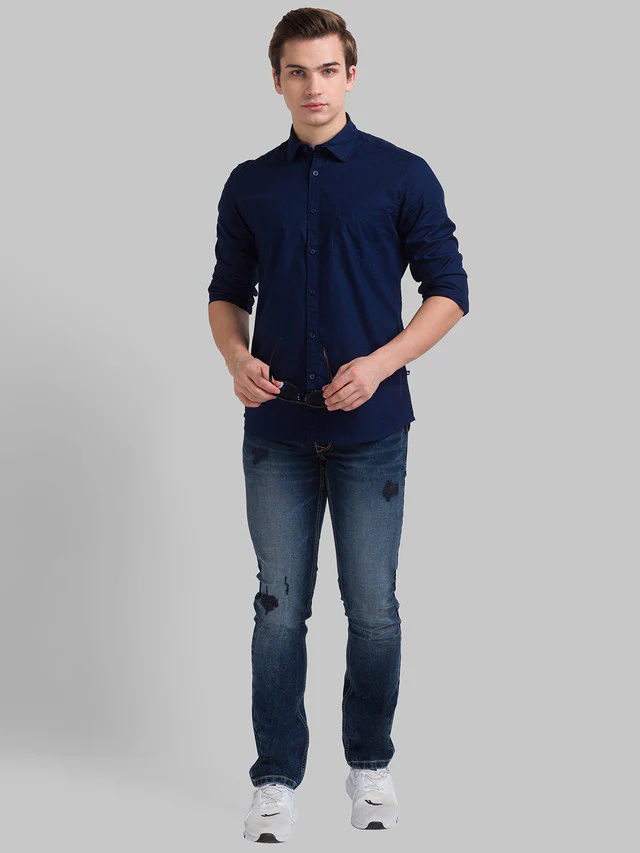Parx Blue Solid Slim Fit Cotton Casual Shirt - Image 4