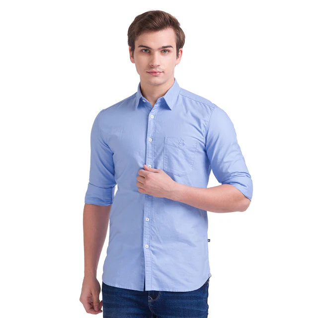 Parx Blue Solid Slim Fit Full Sleeve Cotton Shirt