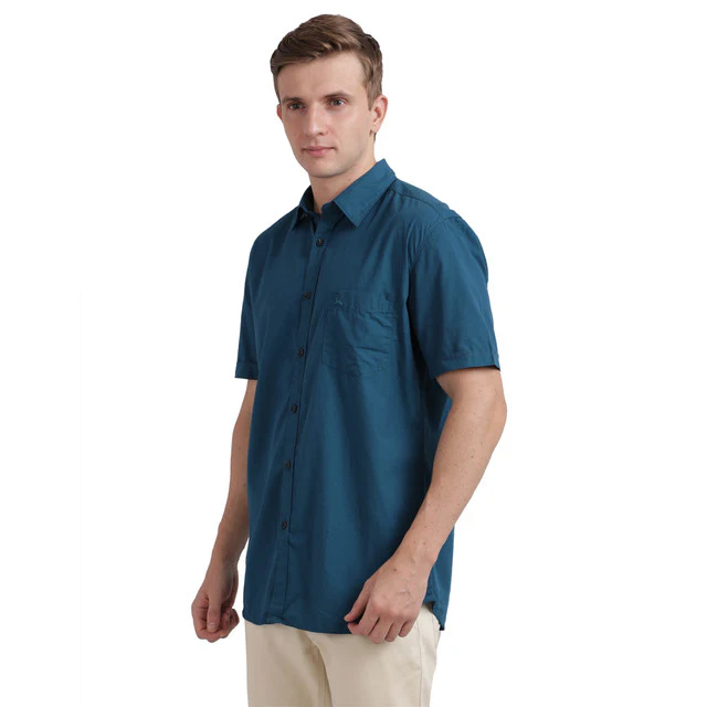 Parx Blue Solid Slim Fit Half Sleeve Cotton Shirt - Image 3