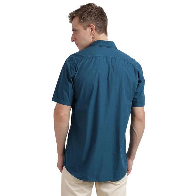 Parx Blue Solid Slim Fit Half Sleeve Cotton Shirt - Image 4
