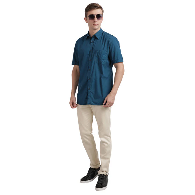 Parx Blue Solid Slim Fit Half Sleeve Cotton Shirt - Image 5