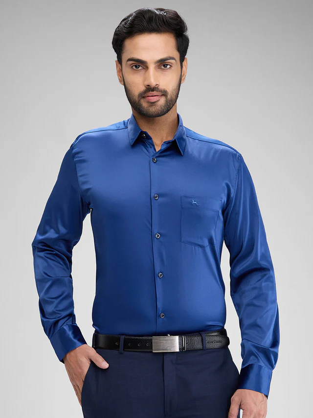 Parx Blue Solid Slim Fit Full Sleeve Polyester Blend Shirt