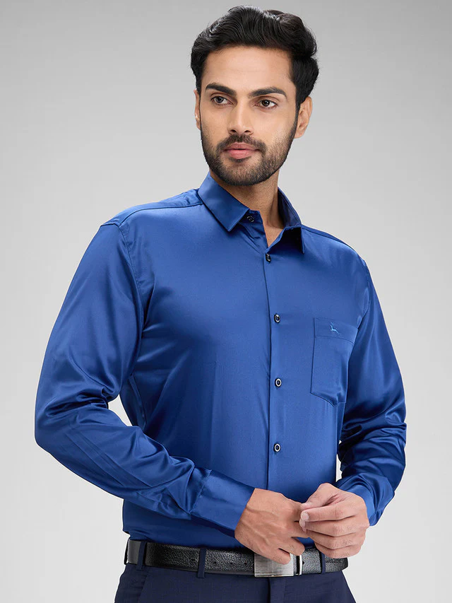 Parx Blue Solid Slim Fit Full Sleeve Polyester Blend Shirt - Image 2