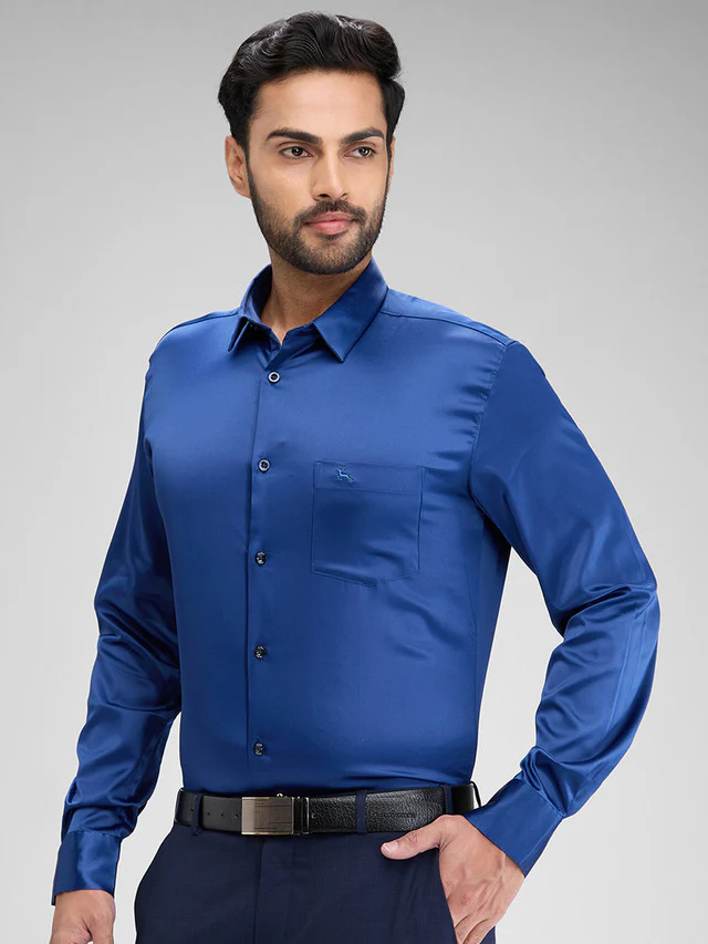 Parx Blue Solid Slim Fit Full Sleeve Polyester Blend Shirt - Image 3