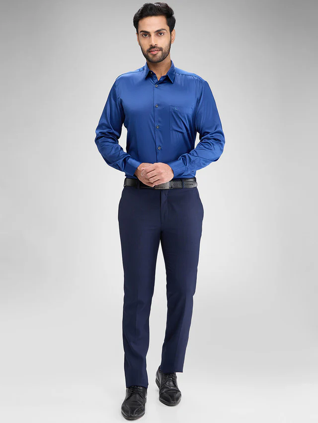 Parx Blue Solid Slim Fit Full Sleeve Polyester Blend Shirt - Image 5