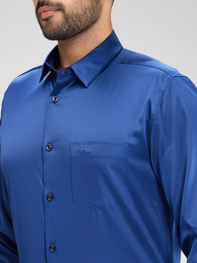 Parx Blue Solid Slim Fit Full Sleeve Polyester Blend Shirt - Image 6