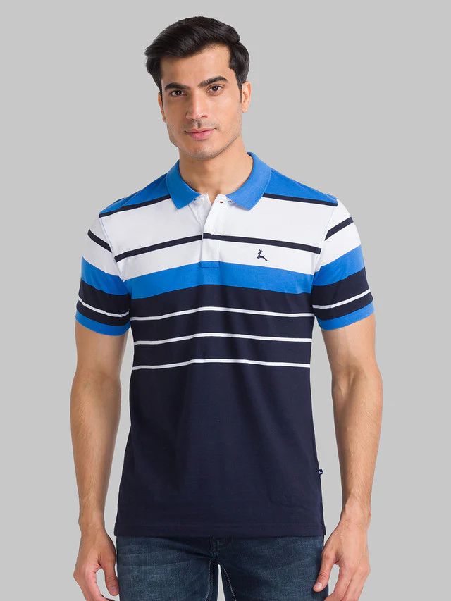 Parx Blue Stripe Regular Fit Cotton T-Shirt